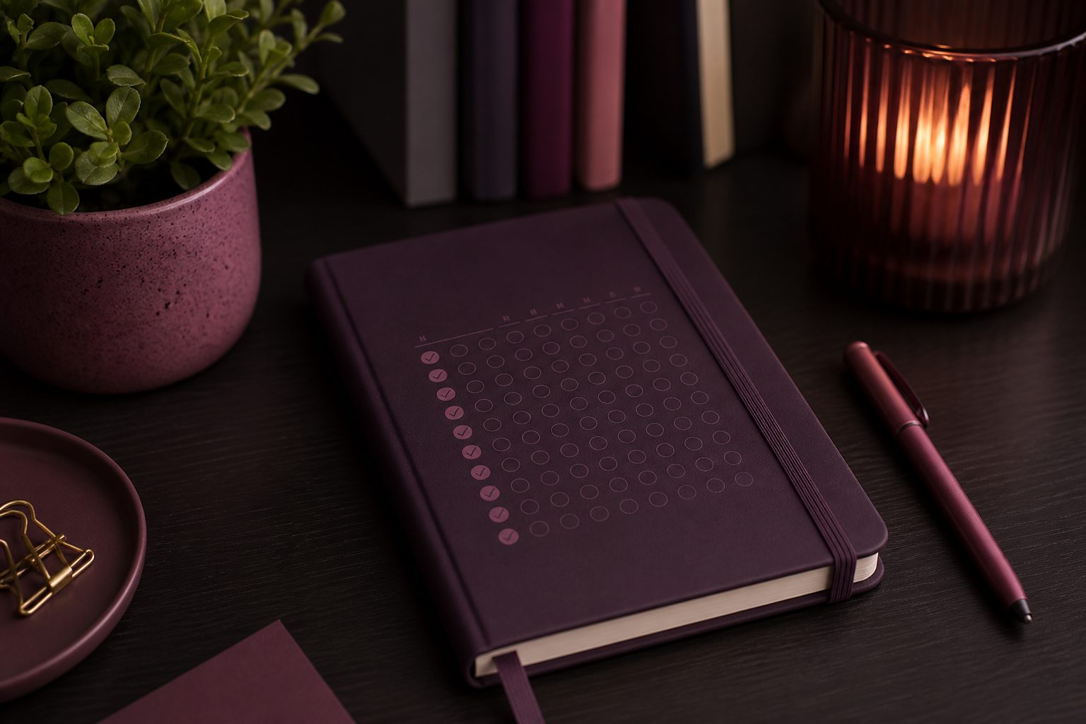 Minimal desk with habit tracking journal and pen by Sievevital